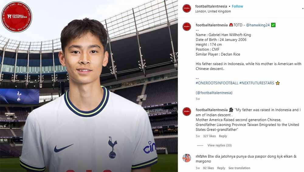 Gabriel Han Willhoft-King, pemain muda keturunan Indonesia di Tottenham Hotspur. (Foto: Instagram@footballtalentnesia) Copyright: © Instagram@footballtalentnesia