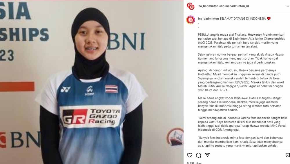 Pebulutangkis berhijab asal Thailand, Huzwaney Momin. (Foto: Instagram@ina_badminton) Copyright: © Instagram@ina_badminton