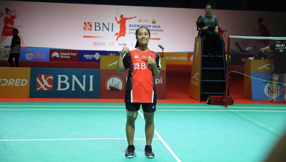Tunggal putri Indonesia Mutiara Ayu Puspitasari berhasil menjadi juara di sektor tunggal putri Badminton Asia Junior Championships (AJC) 2023 di Among Rogo Sports Hall, Yogyakarta, Minggu (16/07/23). (Foto: PBSI) Copyright: © PBSI