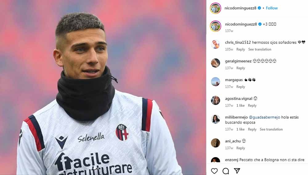 AC Milan panik dan langsung mengejar Nicolas Dominguez dari Bologna usai Rade Krunic mendapat tawaran gila-gilaan dari Fenerbahce di bursa transfer. Copyright: © Instagram@nicodominguezz8