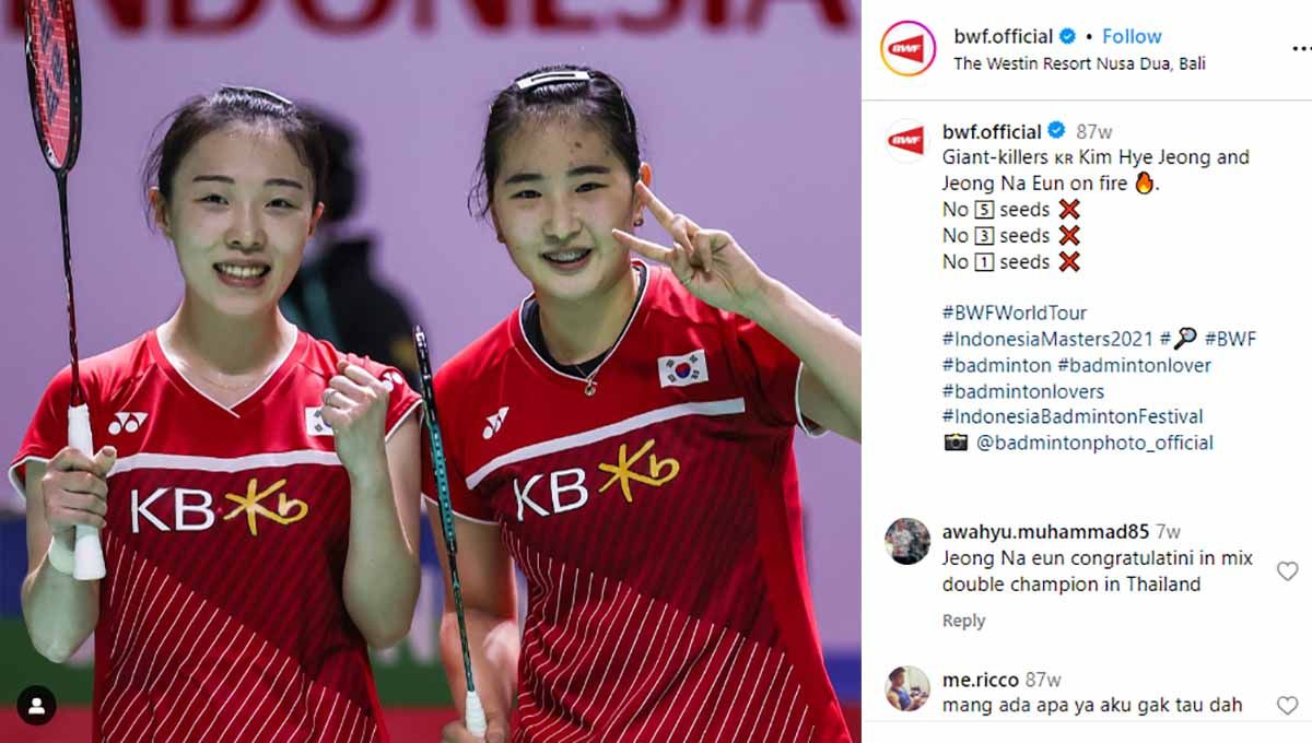 Dijegal Apriyani Rahayu/Siti Fadia Silva Ramadhanti di China Open 2023, ganda putri asal Korea Selatan, Jeong Na-eun/Kim Hye-jeong, kepergok nangis sesenggukan. Copyright: © Instagram@bwf.official
