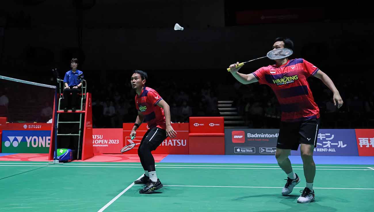 Pasangan ganda putra Indonesia, Hendra Setiawan/Mohamad Ahsan di Japan Open 2023. (Foto: PBSI) Copyright: © PBSI