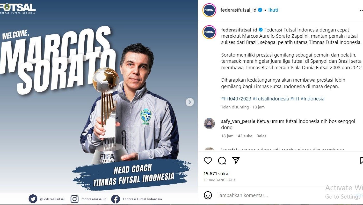 FFI resmi merekrut Marcos Aurelio Sorato Zapelini sebagai pelatih utama Timnas Futsal Indonesia Copyright: © intagram @federasifutsal_id