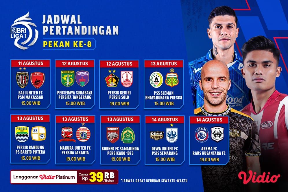 Live streaming BRI Liga 1 2023/2024 yang kini memasuki pertandingan pekan kedelapan dan bakal digelar pada, 11 hingga 14 Agustus 2023. Copyright: © Vidio