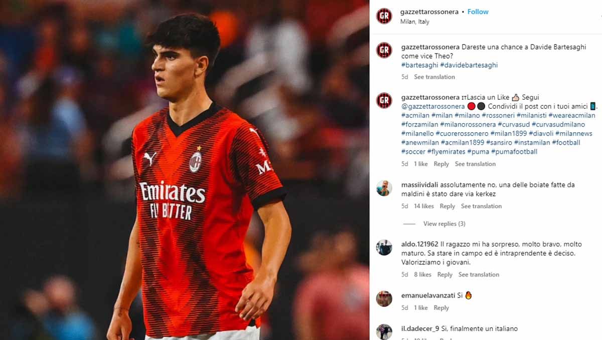 Gemilang di Timnas Italia U-19, deputi Theo Hernandez, Davide Bartesaghi, akankah bikin goyah klub Liga Italia (Serie A), AC Milan, untuk urung cari fullback? Copyright: © Instagram@gazzettarossonera