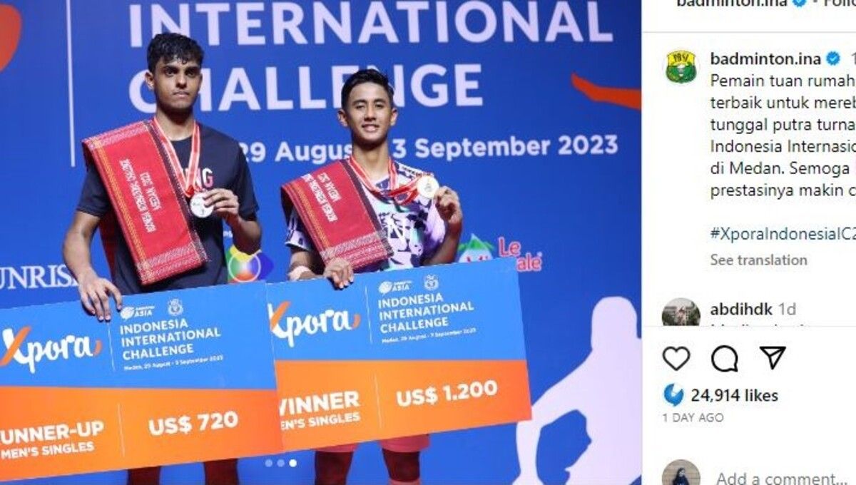 Viren Nettasinghe dan Alwi Farhan di podium juara Indonesia International Challenge 2023 (Foto: Instagram @badminton.ina) Copyright: © Instagram @badminton.ina