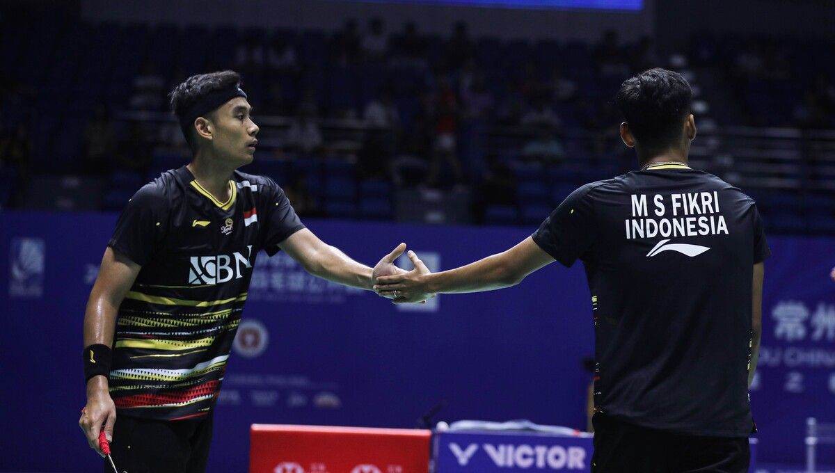 Momen absurd datangkan keberuntungan bagi Bagas/Fikri di Denmark Open 2023. Copyright: © PP PBSI