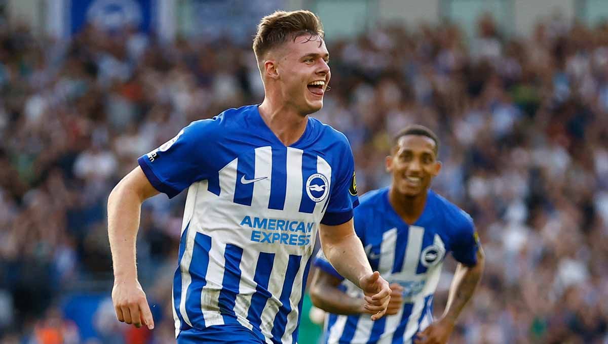 Selebrasi pemain Brighton & Hove Albion, Evan Ferguson usai mencetak gol. (Foto: Reuters/Peter Cziborra) Copyright: © Reuters/Peter Cziborra