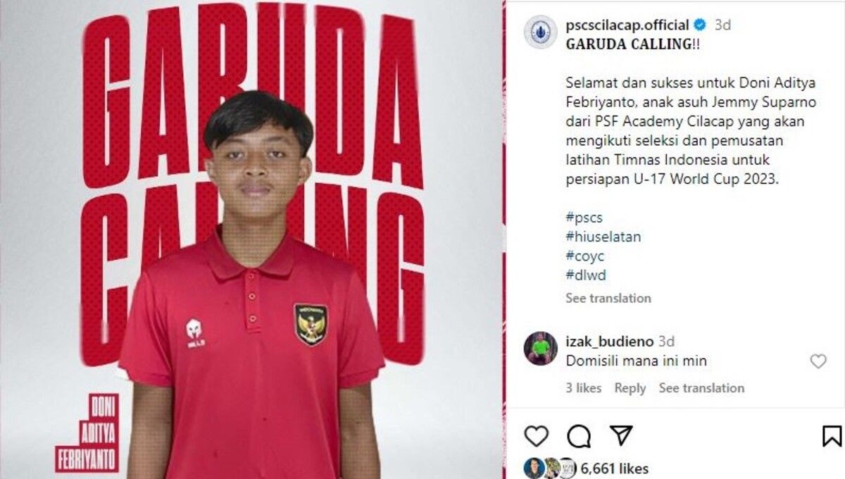Doni Aditya Febriyanto, pemain jebolan PSCS Cilacap dipanggil ke Timnas Indonesia U-17 (Foto: Instagram @pscscilacap.official) Copyright: © Instagram @pscscilacap.official
