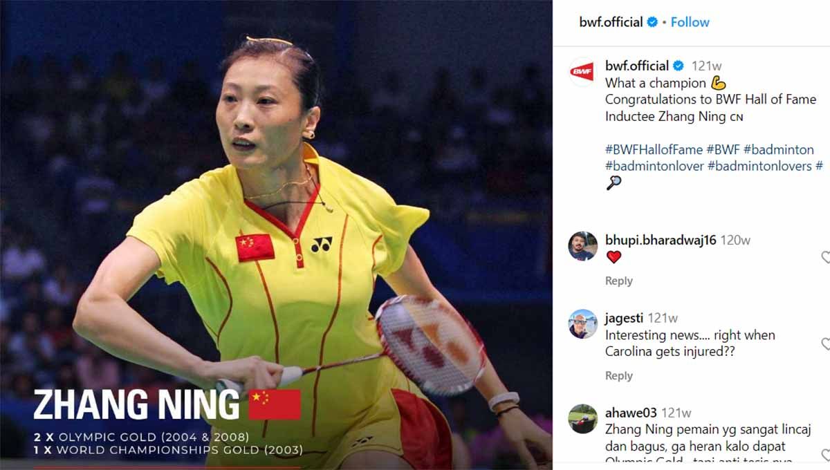 Skorsing yang diterima Zhang Ning yakni dia tidak boleh terlibat dalam turnamen bulutangkis apa pun selama setengah tahun. Copyright: © Instagram@bwf.official