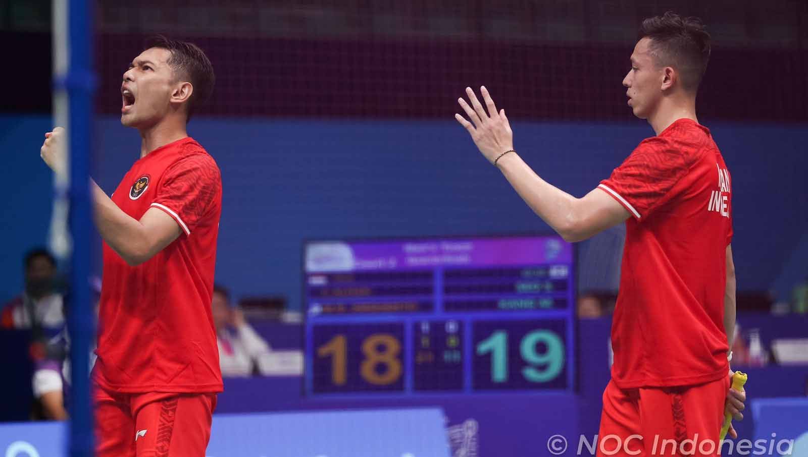 Pasangan ganda putra Indonesia, Fajar Alfian/Muhammad Rian Ardianto di Asian Games (Foto: NOC Indonesia / Naif Al'as) Copyright: © NOC Indonesia/Naif Al’As