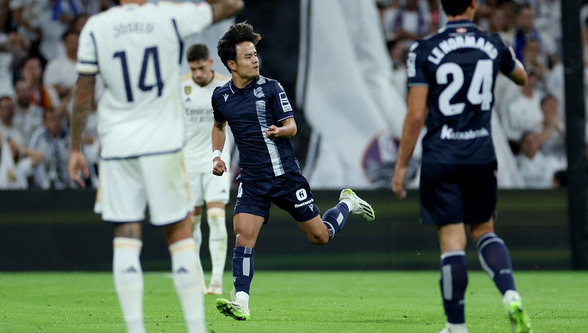 Selebrasi Takefusa Kubo sebelum golnya dianulir di laga Real Madrid vs Sociedad. (Foto: REUTERS/Isabel Infantes) Copyright: © REUTERS/Isabel Infantes