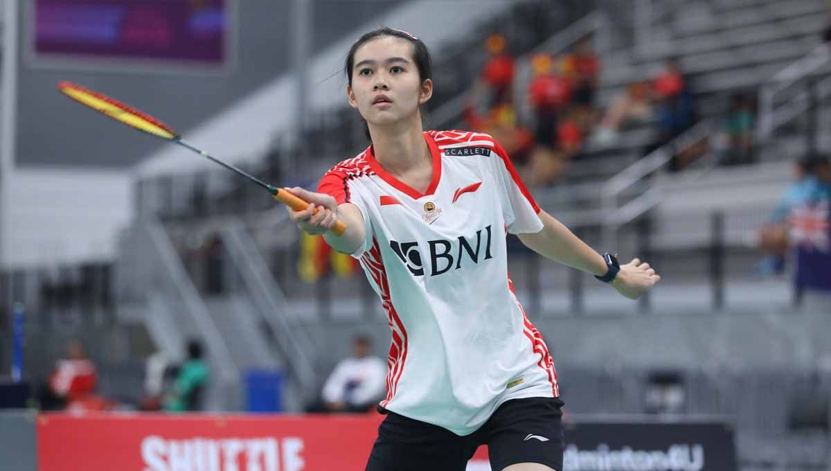 Tunggal putra Indonesia, Chiara Marvella Handoyo ketar-ketir jelang hadapi WR1 asal Thailand yakni Pitchamon Opatniputh jelang final Kejuaraan Dunia Junior 2023. (Foto: PBSI) Copyright: © PBSI