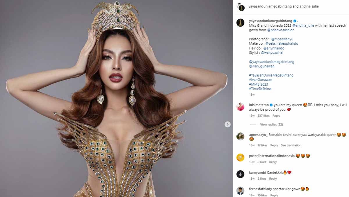 Andina Julie, Miss Grand Indonesia 2022 yang dirumorkan berpacaran dengan atlet bulutangkis Prancis, Toma Junior Popov. (Foto: Instagram@yayasanduniamegabintang) Copyright: © Instagram@yayasanduniamegabintang