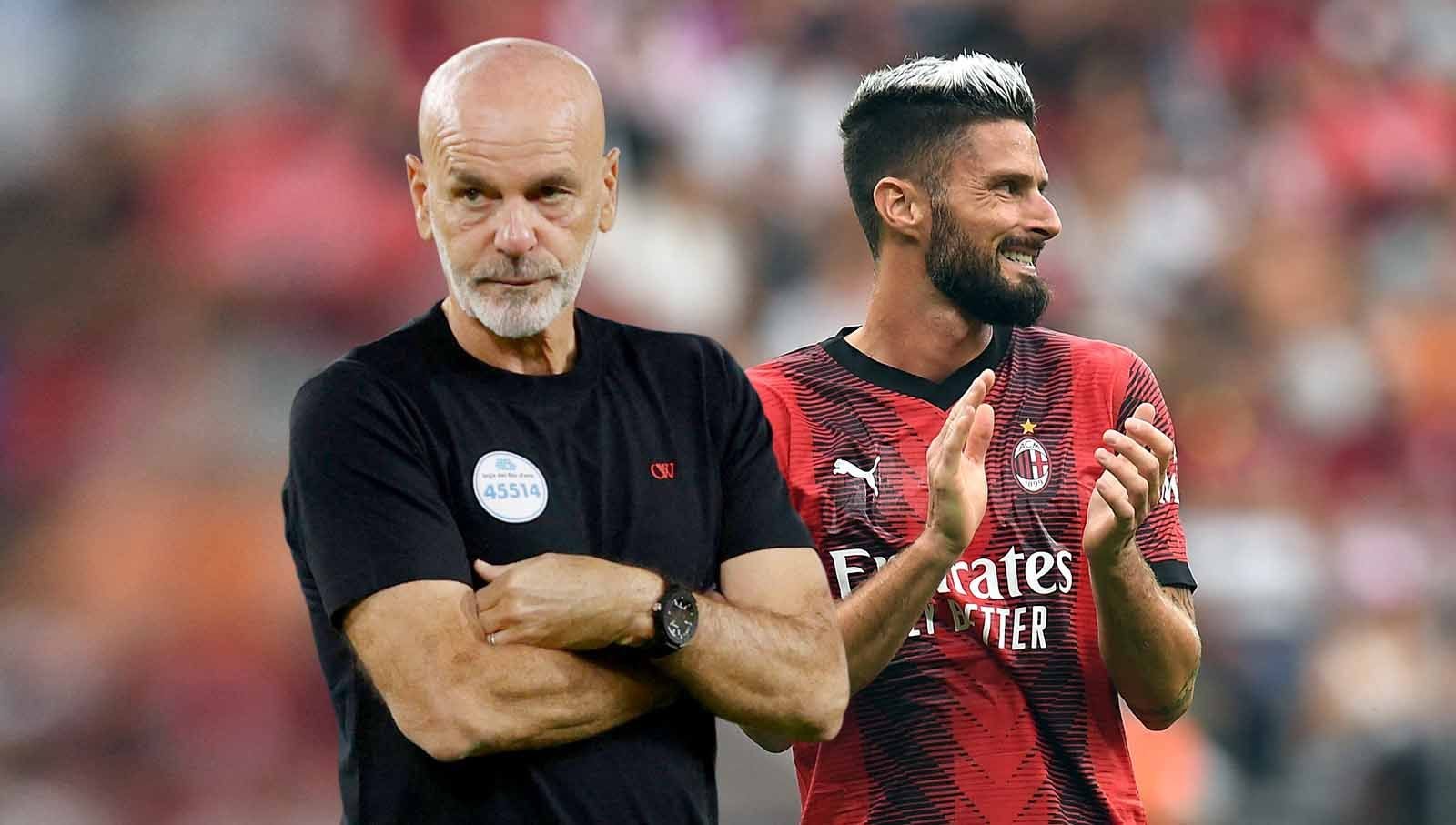 Pelatih Stefano AC Milan, Pioli dan penyerang Olivier Giroud. (Foto: REUTERS/Ciro De Luca/Daniele Mascolo) Copyright: © Grafis: Yuhariyanto/INDOSPORT