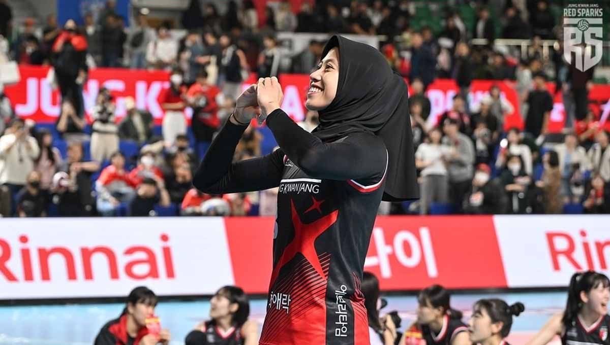 Megawati Hangestri Pertiwi  akan kembali tampil bersama Daejeon Jun Kwan Jang Red Sparks dalam lanjutan Liga Bola Voli Korea Selatan (V-League), Minggu (05/11/23). (Foto: Instagram@red__sparks) Copyright: © Instagram@red__sparks