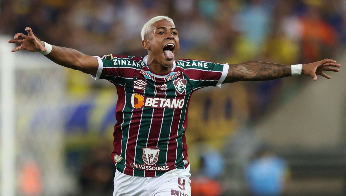 Selebrasi pemain Fluminense, John Kennedy usai mencetak gol di final Copa Libertadores. (Foto: REUTERS/Sergio Moraes) Copyright: © REUTERS/Sergio Moraes