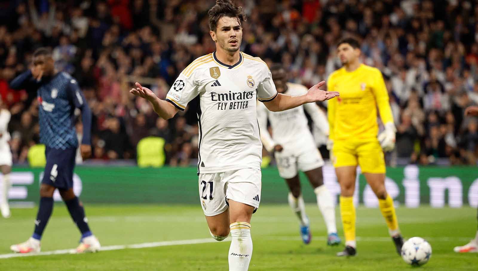 Selebrasi Brahim Diaz usai mencetak gol pertama ke gawang Braga pada laga Liga Champions di Stadion Santiago Bernabeu, Kamis (09/11/23). (Foto: REUTERS/Juan Medina) Copyright: © REUTERS/Juan Medina