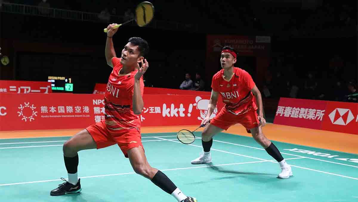 Pasangan ganda putra Indonesia, Bagas Maulana/Muhammad Shohibul Fikri di Kumamoto Masters 2023. Copyright: © PBSI.