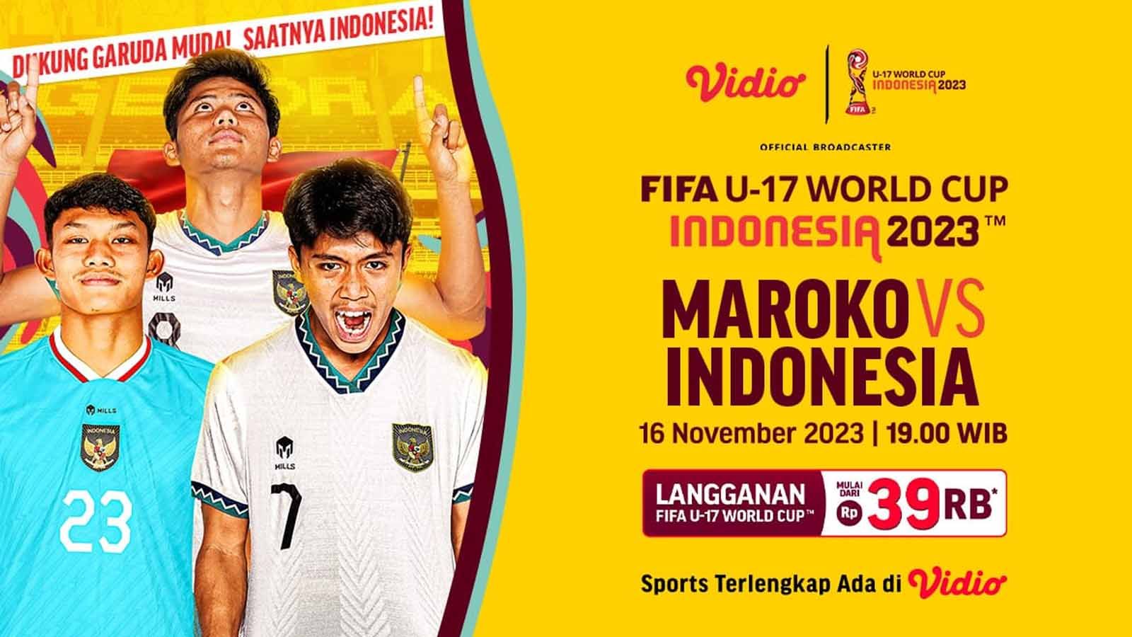 Laga Timnas Indonesia U-17 vs Maroko di Piala Dunia U-17 2023 bisa disaksikan via streaming di Vidio. (Foto: vidio) Copyright: © vidio