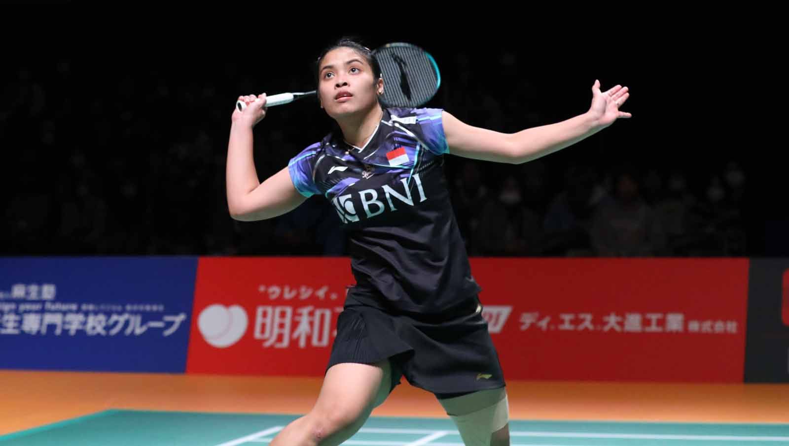 Bintang bulutangkis Indonesia, Gregoria Mariska, sukses mencetak sejarah juara Kumamoto Masters 2023, usai menumbangkan jawara Olimpiade Tokyo, Chen Yufei. Copyright: © PP PBSI