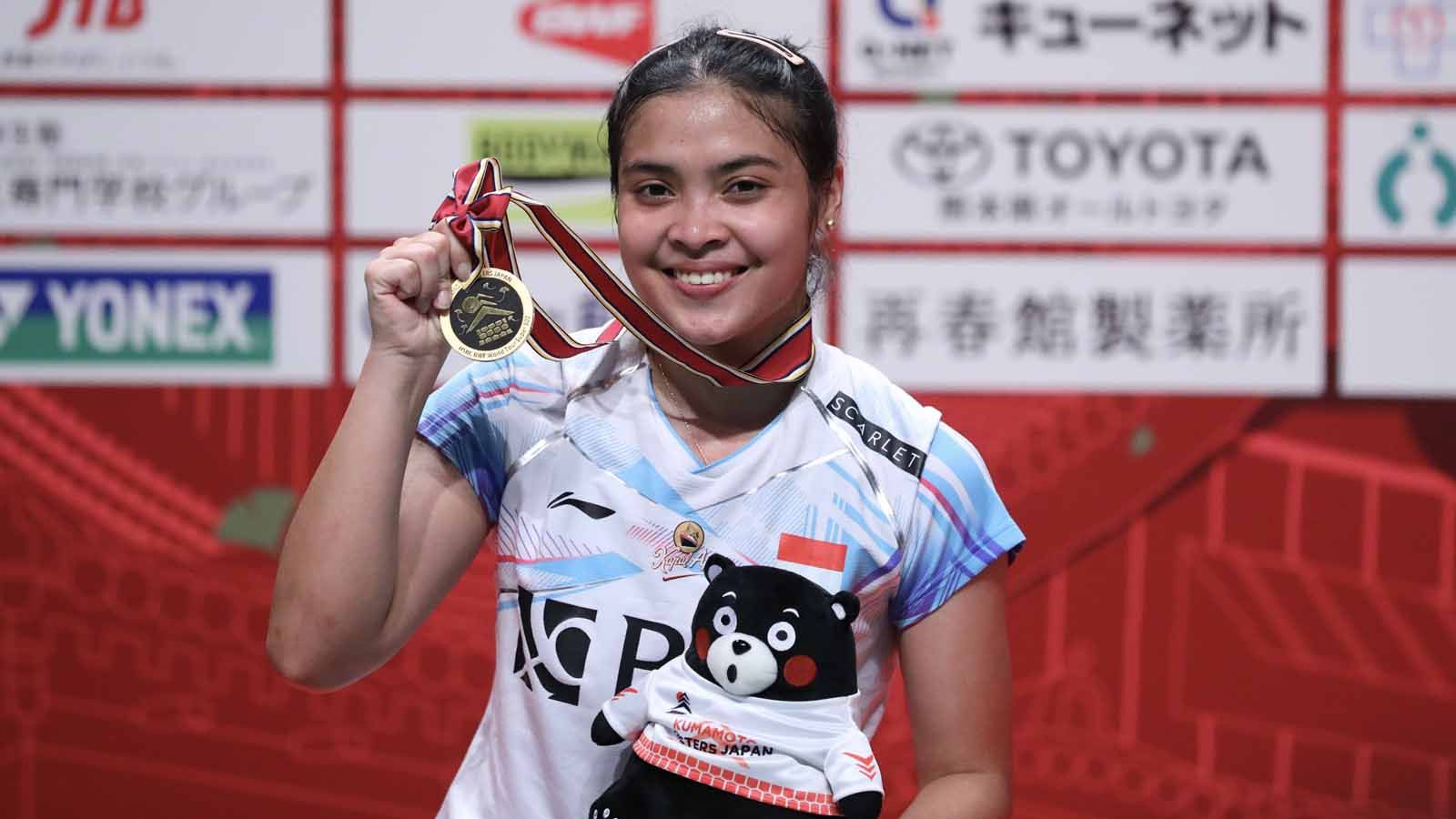 Pebulu tangkis tunggal putri Indonesia, Gregoria Mariska Tunjung meraih gelar juara Kumamoto Masters 2023, Minggu (19/11/2023). (Foto: PP PBSI) Copyright: © PP PBSI