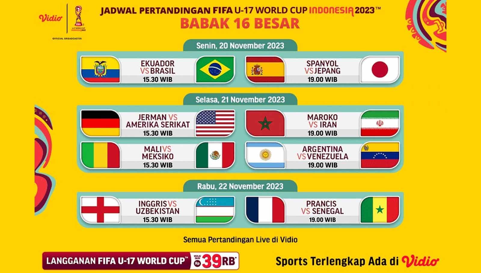 Jadwal lengkap babak 16 besar Piala Dunia U-17 di Vidio. (Foto: vidio) Copyright: © vidio