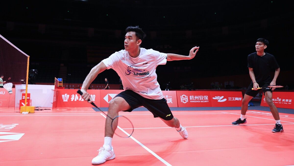Bagas Maulana/Muhammad Shohibul Fikri latihan jelang BWF World Tour Finals 2023 (Foto: Humas PP PBSI) Copyright: © Humas PP PBSI