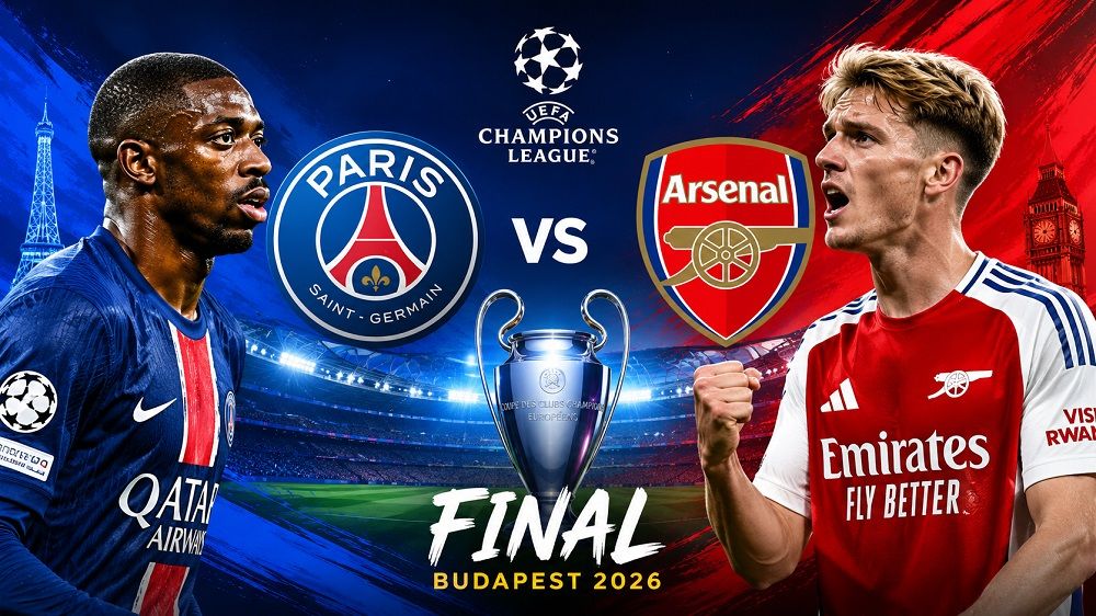 Pertandingan final Liga Champions musim 2025/26 antara Paris Saint-Germain vs Arsenal akan dimainkan di Puskas Arena, Budapest, Sabtu (30/05). ChatGPT Copyright: &copy; original generated artwork ChatGPT