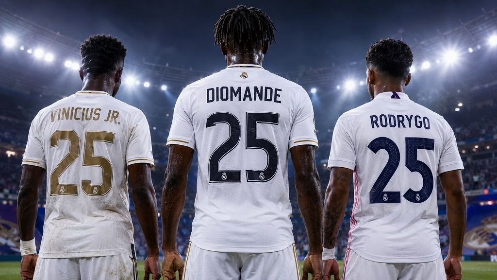 Vinicius Junior, Yan Diomande, Rodrygo ketika memakai jersey nomor 25 di Real Madrid. Copyright: &copy; ChatGPT