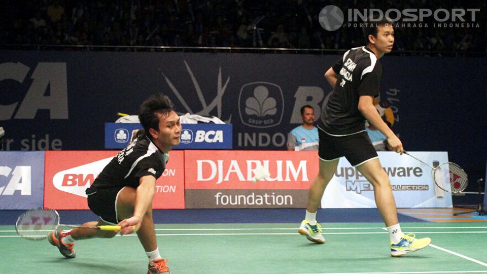 Mohammad Ahsan/Hendra Setiawan mengalahkan Gideon Fernaldi/Markis Kido di perempatfinal Indonesia Open 2014, Jumat (20/06/14). Copyright: &copy; Herry Ibrahim/INDOSPORT